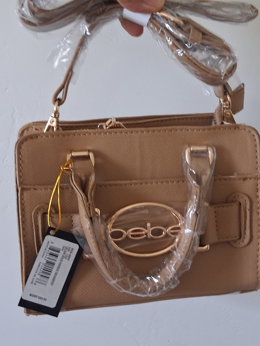 bebe Beige/Tan Mini Satchel with Gold Logo